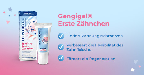 Gengigel® Erste Zähnchen Gel und Schachtel. Lindert Schmerzen, verbessert Flexibilität, fördert Regeneration.